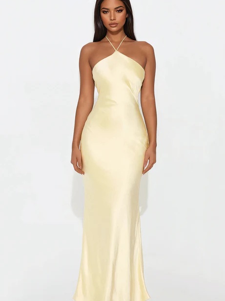 Fashion Nova Pale Yellow Halter Satin Gown